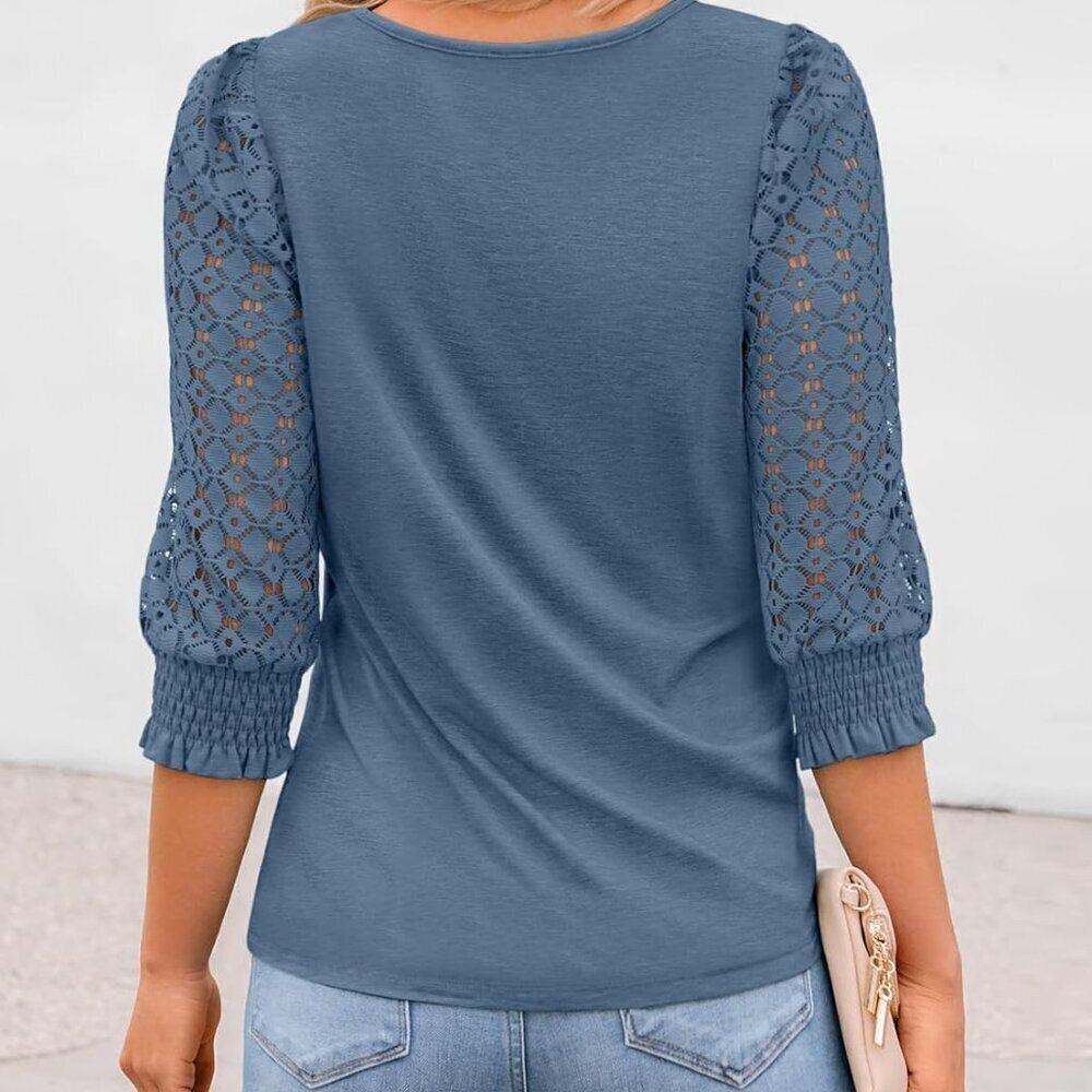 Womens Lace 3/4 Sleeve Top Polyester Rayon Spandex Casual Spring Summer - Picture 4 of 5